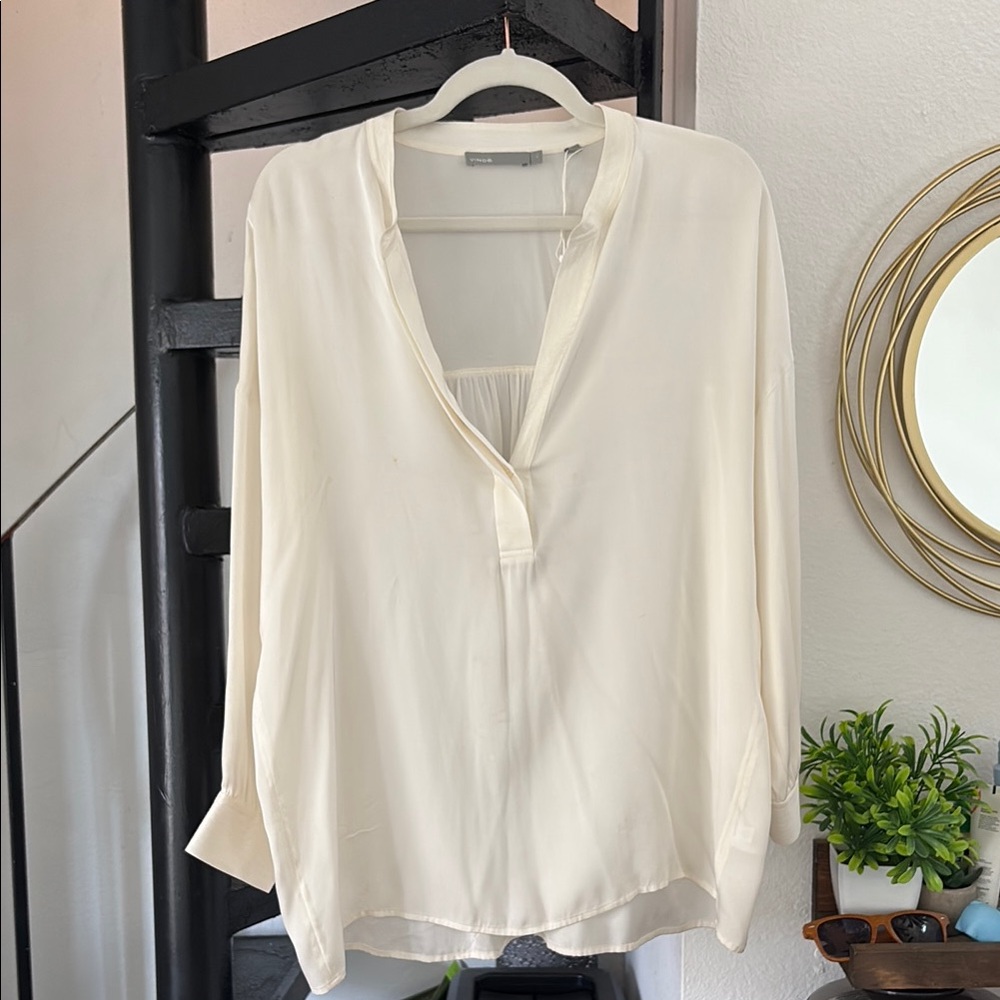 Vince White Long Sleeve Blouse with Mandarin Collar